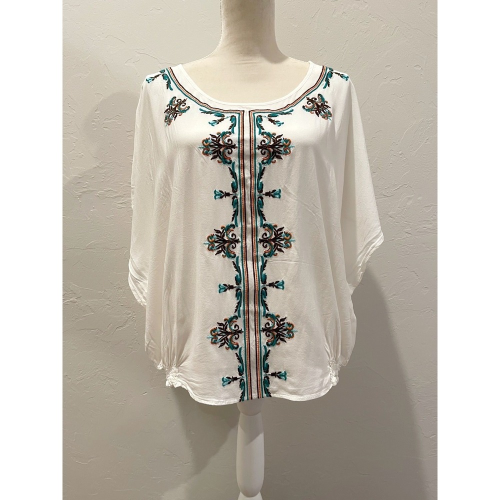 Ariat Womens White Embroidered Peasant Blouse XL Boho Dolman Sleeve Tunic Top
